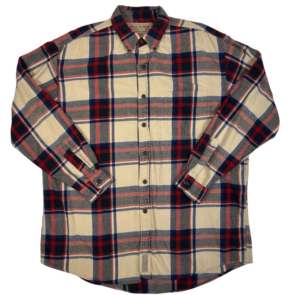 Abercrombie & Fitch Mens Flannel Plaid Button Down Shirt Cream Blue Red Large